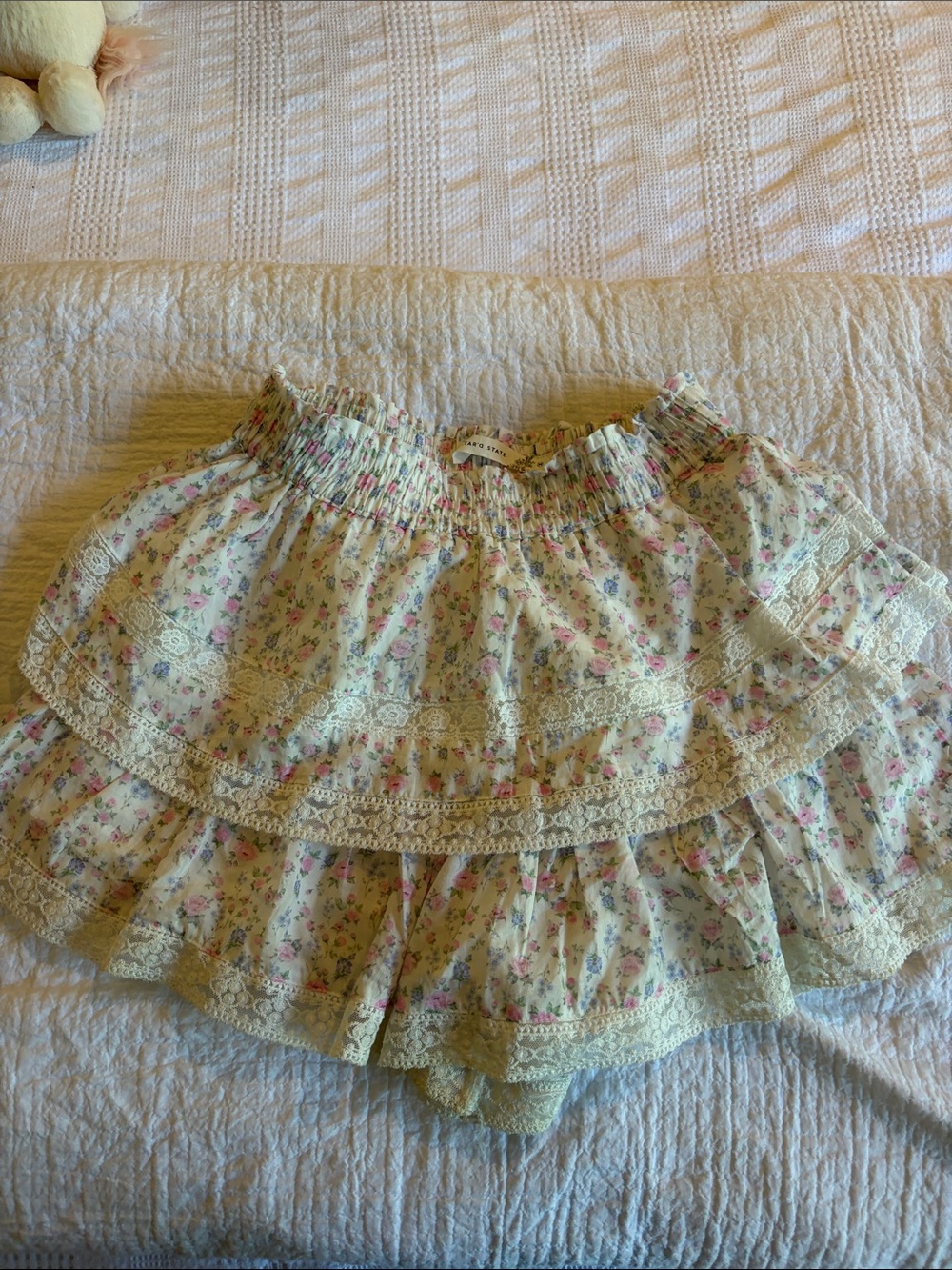 Altar'd State Cream Floral Tiered Ruffle Skirt with Pink and Green Accents